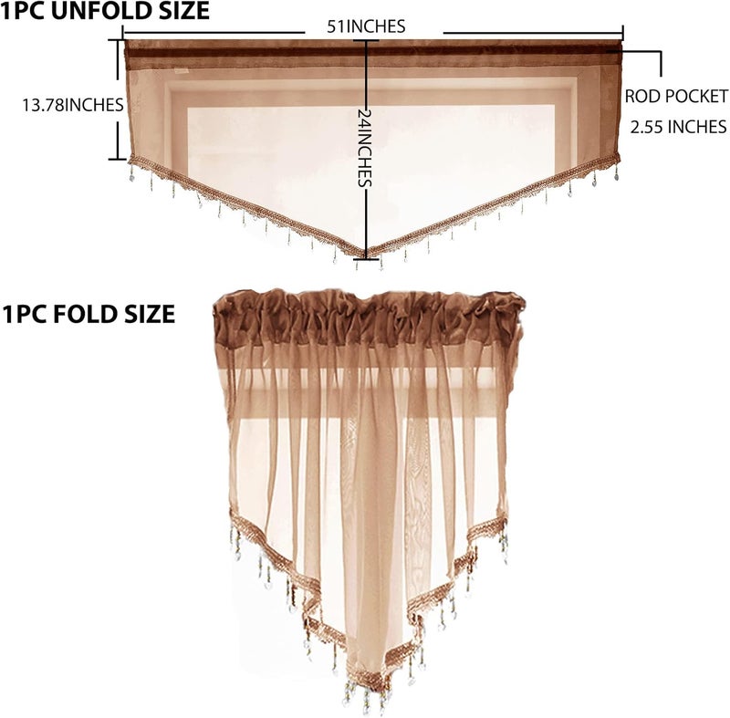 PearAge Beaded Sheer Valance Curtains for Living Room,Rod Pocket Farmhouse Window Valance, Bead Trim Tassel Voile Sheer Curtain Valance for Bedroom Bathroom Cafe 51x24 Inches (Brown) 1PC - Image 5